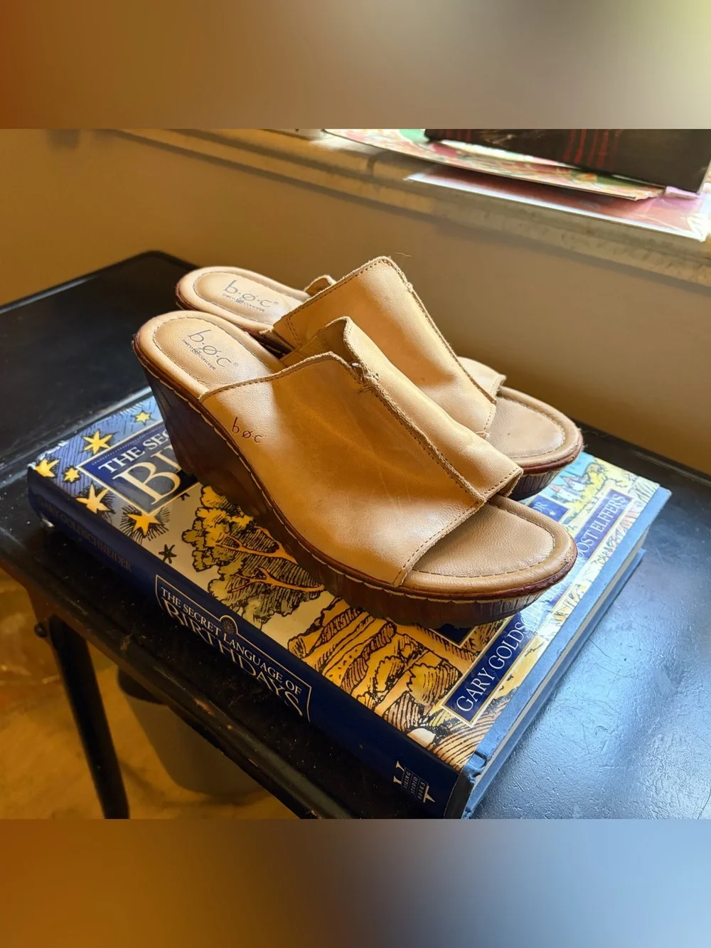 boc Tan Leather Wedge Slide Sandals
